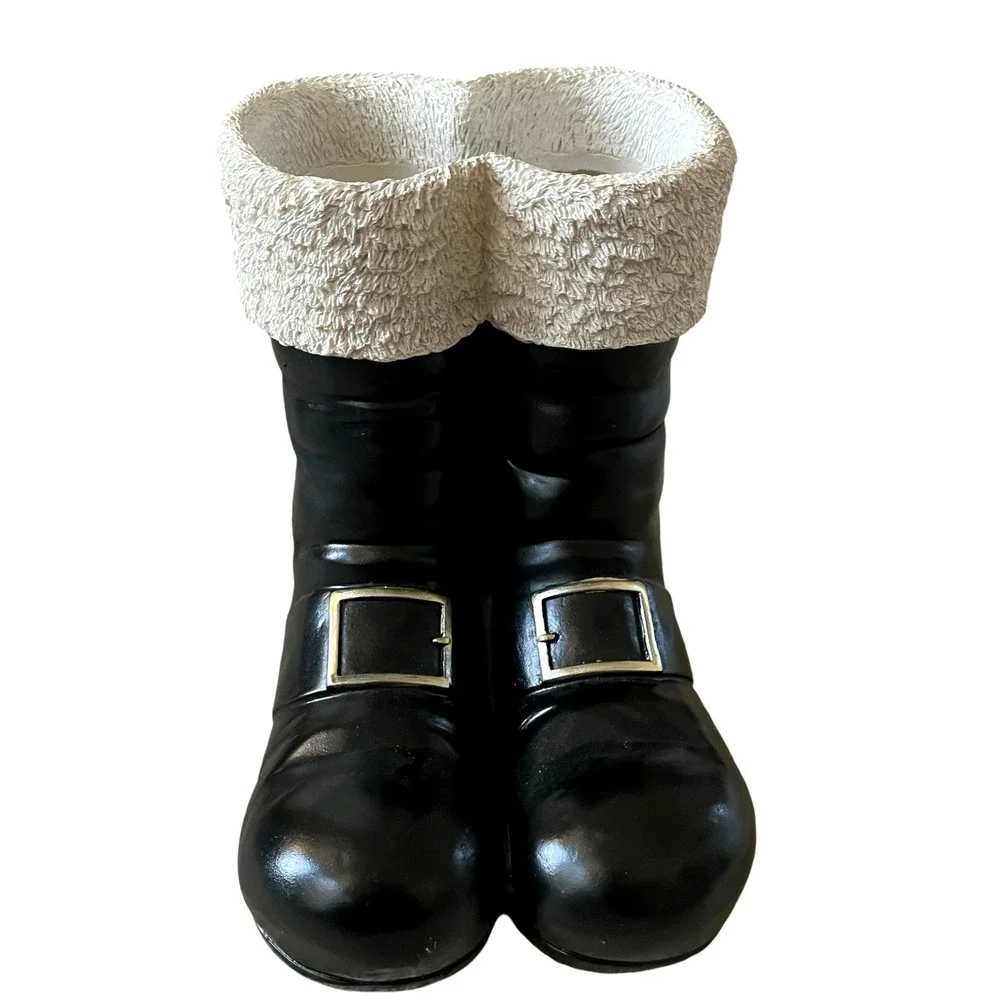 Santa Boots MERRY CHRISTMAS Container Planter Holiday Black Gold White Holiday